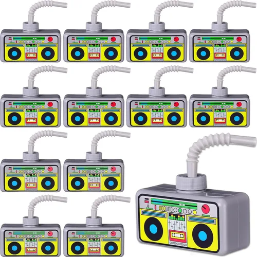Mifoci 12 unidades de decoraciones de fiesta de los años 80 y 90 con pajitas, taza de radio de plástico reutilizable de 10 onzas a granel para