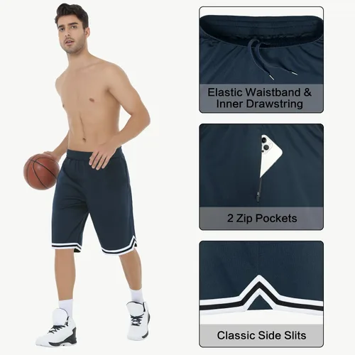 Miniatura 3 de Pantalones cortos largos de baloncesto para hombre con bolsillos con cremallera, malla de 11 pulgadas, pantalones cortos deportivos de secado
