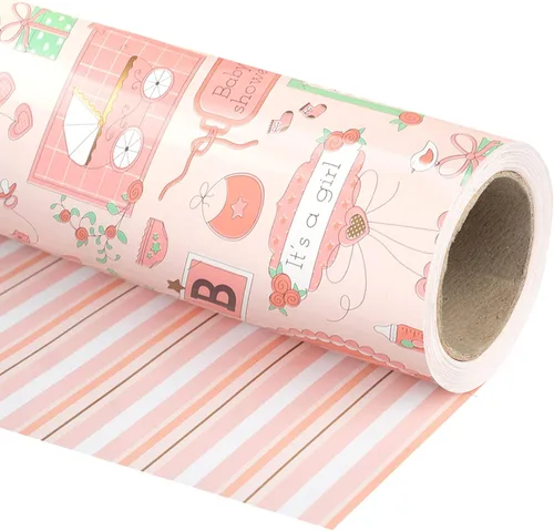 Miniatura 14 de WRAPAHOLIC - Papel de regalo reversible para bebé niña, mini rollo - 17 pulgadas x 33 pies - Diseño de bebé niña y rayas para baby shower, Bebita