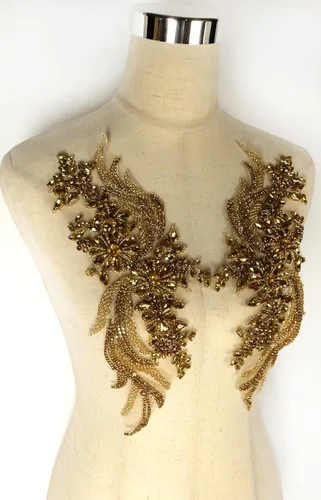 Miniatura 6 de 1 par de diamantes de imitación hechos a mano con apliques para ropa, 14.5 x 4.8 pulgadas, decoración de vestido de novia, apliques de flores Dorado