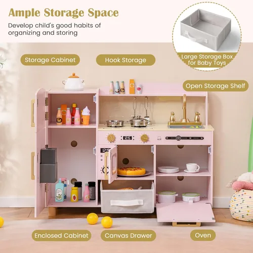 Miniatura 6 de INFANS Juego de cocina para niños, juego de juguetes de cocina de madera para niños pequeños con tablero de dibujo acrílico, máquina de hielo, Rosa