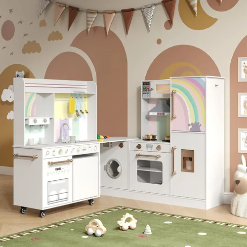 BVIUNTWO Juego de Cocina de Juguete Grande, Juego de Cocina para Niños de Esquina Giratorio con Luces y Sonidos Reales, Fregadero de Juguete con