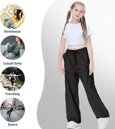 Miniatura 4 de Rolanko Pantalones de paracaídas para niñas, pantalones cargo Y2K con bolsillos, pantalones deportivos Harajuku para niños de 4 a 14 años