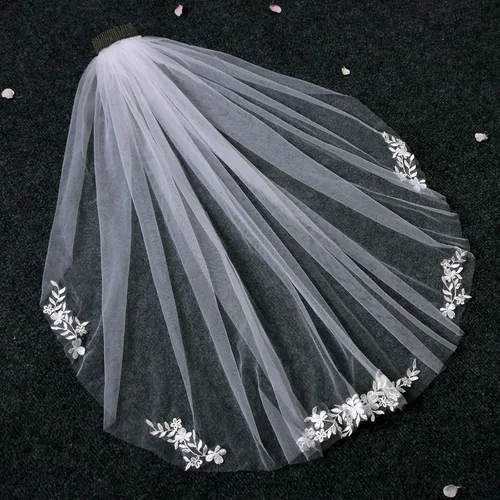 Miniatura 4 de HONGMEI Velo de novia con peine hojas de flores de una sola capa velo corto adornado Marfil claro corto