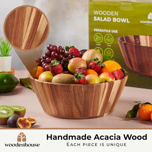 Miniatura 3 de Woodenhouse Tazón de ensalada de madera, tazón para ensalada, tazón de madera - 12" Diseño redondo, tazón de frutas hecho a mano, duradero