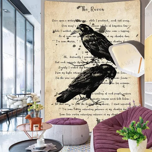 Miniatura 7 de FEASRT Tapiz gótico de calavera y cuervo, tapiz de pared The Raven Edgar Allan Poe, póster rústico de 51 x 60 pulgadas para sala de estar