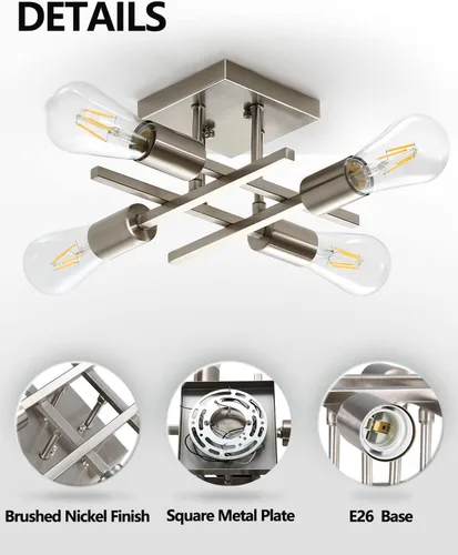 Miniatura 2 de Lámpara de techo semiempotrada de 4 luces, moderna lámpara de níquel cepillado cerca del techo, fácil de montar, luces de techo interiores