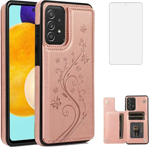 Funda de teléfono para Samsung Galaxy A52 5G/4G con protector de pantalla de vidrio templado y tarjetero con soporte para tarjetero, soporte para