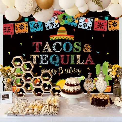 Miniatura 2 de Telón de fondo de fiesta mexicana de feliz cumpleaños, tacos y tequila, luces coloridas, fondo de fondo de cinco de mayo para fotos, fiesta