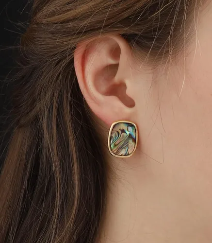 Miniatura 3 de Aretes de forma rectangular con bordes redondos. Diseño de piedra de resina de ámbar turquesa abulón, bisel chapado en oro real de 18 quilates