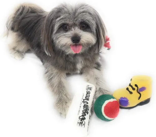 Miniatura 5 de Calcetín de Navidad para perros. Juguete de periódico chirriante, juguete de bota chirriante, una pelota de tenis roja, verde y blanca y una cuerda