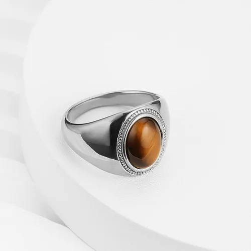 Miniatura 2 de HZMAN Anillo de boda de acero inoxidable gótico con piedra de ojo de tigre grande para hombres y mujeres, tamaño 7-14, Metal,