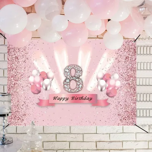 Miniatura 6 de Decoraciones de feliz cumpleaños número 8 para niñas, pancarta de fondo, decoración de fiesta, cartel de tela, fondo de foto rosa para suministros