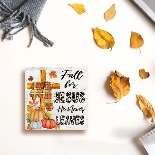 Miniatura 4 de LVQHI Letreros de madera de otoño con texto en inglés «Fall for Jesus He Never Leaves» con cruz de calabaza para el hogar, dormitorio, oficina, Caer