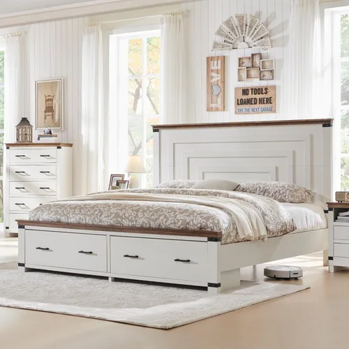Miniatura 11 de RedLemon - Marco de cama de estilo granja Queen con cabecera geométrica de 137 cm de altura, cama de plataforma de madera rústica con 2 cajones