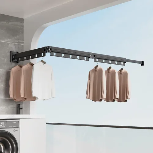 Miniatura 8 de Estante de secado de ropa plegable para colgar en la pared, estante retráctil de secado de ropa para interiores, ahorro de espacio, estante de 2