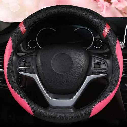 Miniatura 3 de Funda universal de cuero para volante para mujer, funda de volante para automóvil de 15 pulgadas (rosa)