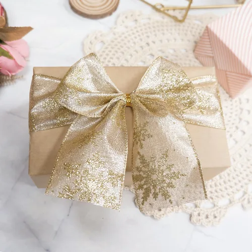 Miniatura 5 de Tela metálica dorada champagne con cinta de copo de nieve dorado con alambre de 2.5 pulgadas x 10 yardas para decoración del hogar de Navidad, lazo