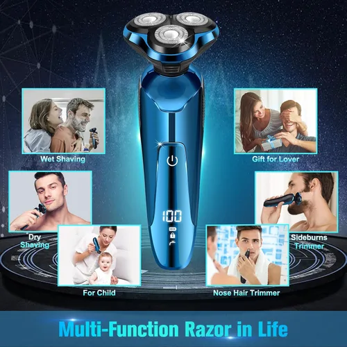 Miniatura 7 de Maquinilla de afeitar eléctrica para hombres, afeitadoras de cabeza giratoria 3D inalámbricas para cara de hombre, impermeable en húmedo/seco