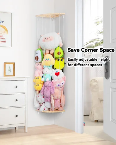 Miniatura 5 de Red de Almacenamiento de Animales de Peluche de Esquina - Organizador de Animales de Peluche de Madera de Altura Ajustable - Soporte de Felpa