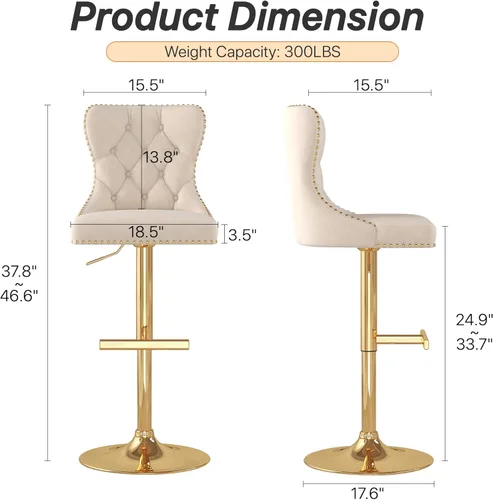 Miniatura 3 de Juego de 2 taburetes de bar, taburetes giratorios de terciopelo con respaldo copetudo, asiento ajustable con ribete de cabezas de clavos, sillas