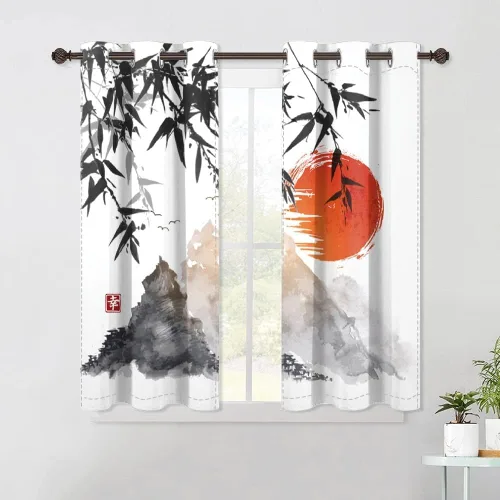 Miniatura 68 de Cortinas japonesas con pintura de tinta, monte Fuji, sol rojo, puesta de sol, hojas de bambú, cortinas de ventana para dormitorio, sala de estar