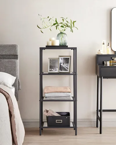 Miniatura 4 de VASAGLE - Librero, estantería de 4 niveles, estantería delgada para dormitorio, baño, oficina en casa, vidrio templado, marco de acero, negro mate