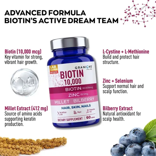 Miniatura 2 de Granions Biotin 10,000 mcg Pastillas para el cabello, la piel y las uñas, complejo de biotina extra fuerte con zinc, selenio, mijo, arándano