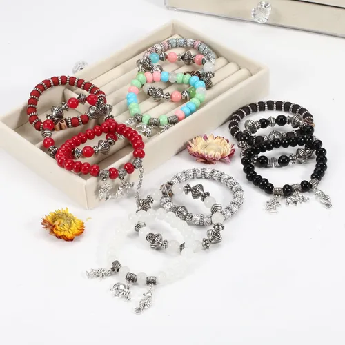 Miniatura 9 de Twinfree Pulseras bohemias para mujer, pulsera elástica de cuentas de colores multicapa con dije de joyería