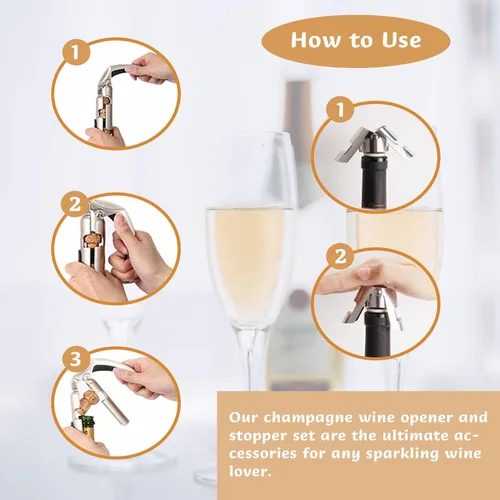 Miniatura 4 de Abrebotellas de champán y tapón de botellas, removedor de corcho de champán espumoso portátil de aleación de zinc, fácil de usar, tirador de corcho