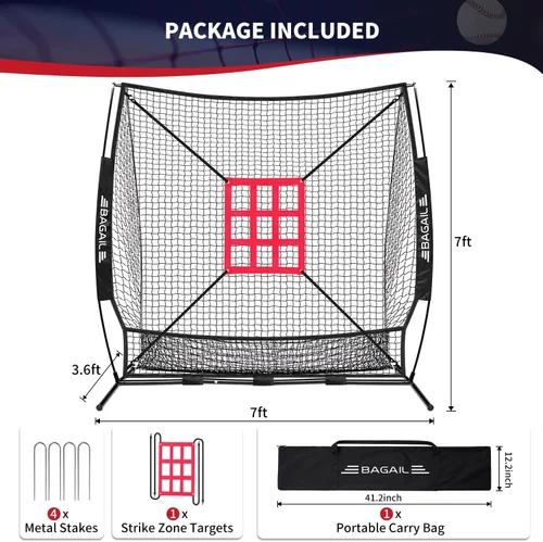 Miniatura 3 de BAGAIL 7x7 ft Baseball Softball Practice Net Sturdy Bow Frame, Heavy-Duty Mesh for Strong Hits, Including 2 Strike Zones, Carry Bag, Ground