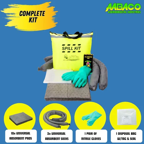 Miniatura 3 de AABACO Kit universal para derrames de aceite de 5 galones con almohadillas absorbentes, calcetines, bolsa de lona amarilla, guantes y bolsa