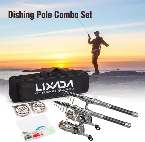 Miniatura 9 de Lixada Juego de 2 cañas de pescar de 1.5/1.8/2.1/7.9 ft, carrete de caña telescópica de fibra de carbono, carrete de pesca con ganchos, señuelos