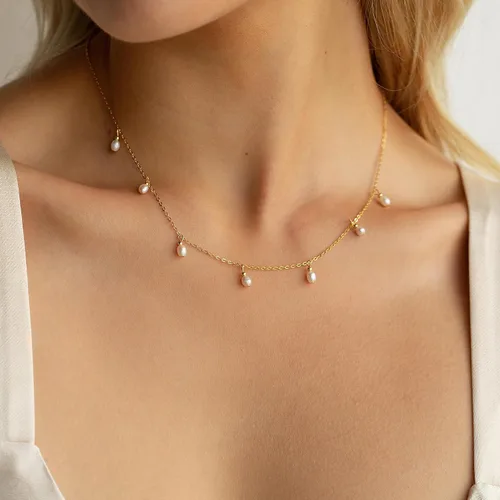 Miniatura 2 de Ieftop Collares de perlas para mujer, chapado en oro de 14 quilates, hecho a mano, delicado collar de cadena de perlas de agua dulce, collar