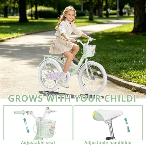 Miniatura 6 de Bicicleta de 20 pulgadas para niñas con canasta, bicicleta para niños de 7 a 12 años, bicicleta de crucero de playa verde y rosa para niñas, frenos