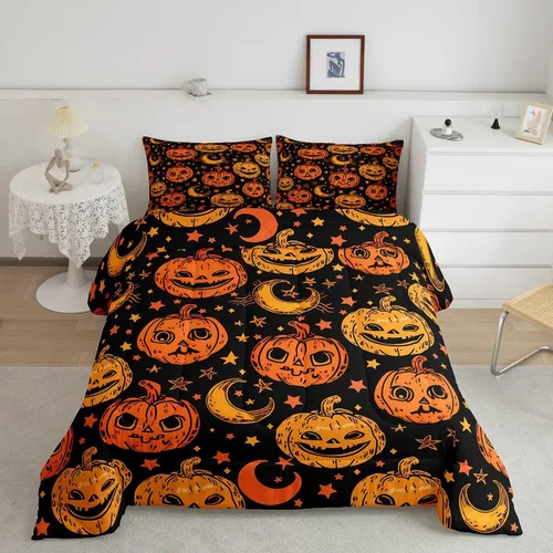 Juego de edredón de calabaza para niños, con estampado de calabaza, estilo Halloween, juego de ropa de cama para niños, juego de ropa de cama