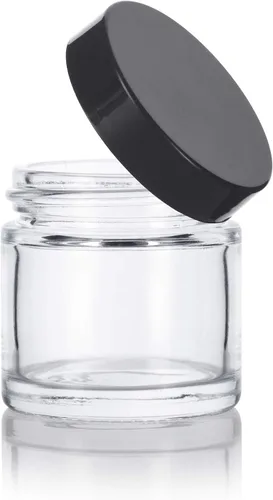Miniatura 9 de Tarro de vidrio de pared grueso transparente de 1 onza / 1.0 fl oz con tapas negras (paquete de 12) hermético, a prueba de olores