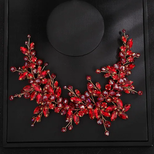 Teyglen Diadema de cristal para el cabello de boda, con cuentas de diamantes de imitación rojos, hecha a mano, rojo, rosa, azul, negro, flores,