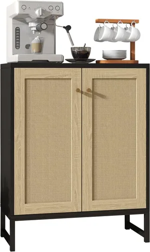 Miniatura 7 de Panana Gabinete de almacenamiento de ratán decorado con 2 puertas, gabinete de acento para sala de estar, armario de cocina, aparador de buffet Negro