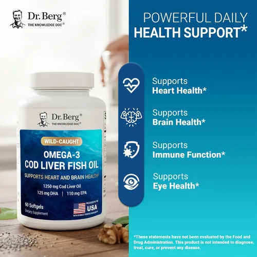 Miniatura 6 de Dr. Berg Aceite de hígado de bacalao Omega-3 de máxima potencia (1250 mg) de bacalao capturado en la naturaleza - Aceite de pescado Omega-3