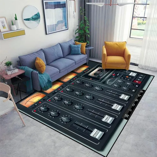 Plantilla de estudio de grabación portátil de vector con iconos, alfombras de área, tapete antideslizante, tapete suave para puerta, alfombra de