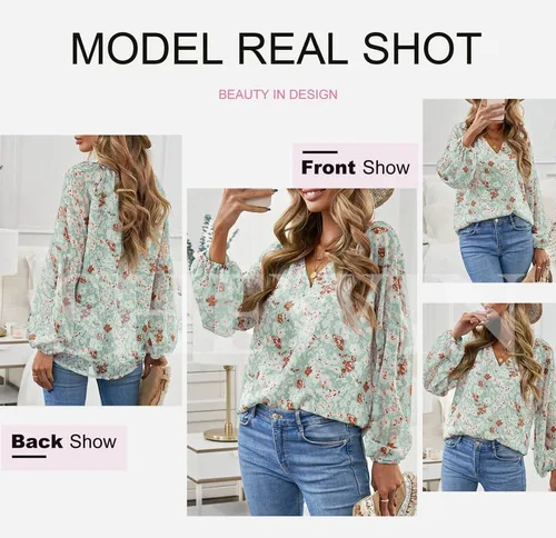 Miniatura 4 de SHEWIN Blusas sueltas de manga larga con cuello en V y estampado floral para mujer