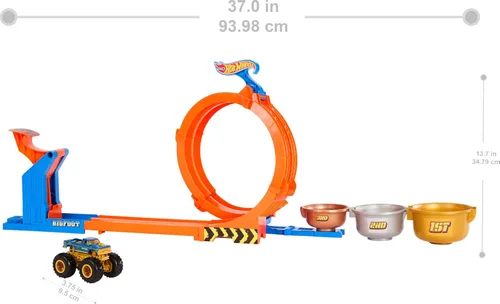Miniatura 6 de Set de Camiones Juguetes Hot Wheels Monster Trucks y Pista, Juego de Desafío de Trofeo con Bucle y Volteó & Camión Bigfoot Aniversario 50 a Escala
