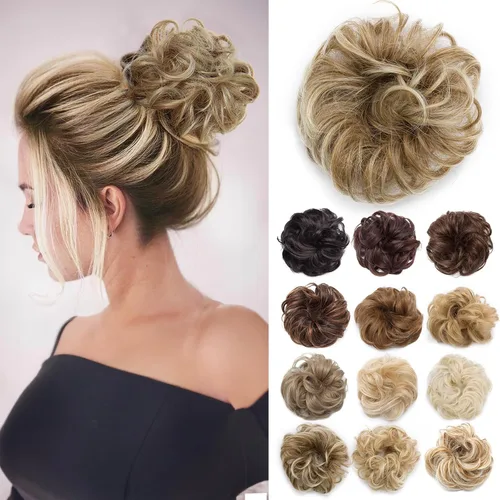 Miniatura 17 de Benehair Moño desordenado, pieza de pelo recogido para mujer, esponjoso, ondulado, moño con dona, moño sintético con banda elástica de goma