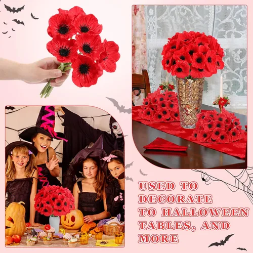 Miniatura 5 de Censen 84 piezas de flores artificiales de amapola roja de poliuretano realistas de seda de 11 pulgadas, tallos de amapola y anémona, flores falsas