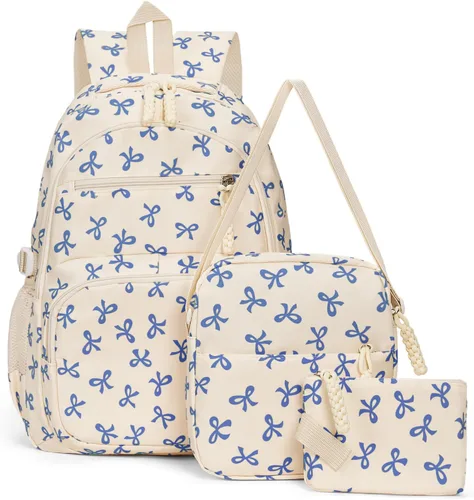 Miniatura 12 de Mochila con lazo para mujer, mochila kawaii de nailon coquette, juego de 3 piezas, linda mochila para computadora portátil universitaria, mochila