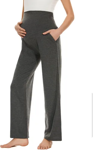 Ecavus Pantalones de maternidad anchos y rectos para mujer, versátiles, cómodos, palazzo, elásticos, con bolsillos