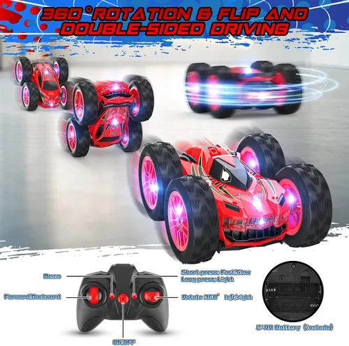 Miniatura 7 de Auto de control remoto para niños, autos de acrobacias RC para niños de 4 a 7 años con luces LED y doble cara para regalo de cumpleaños de Pascua