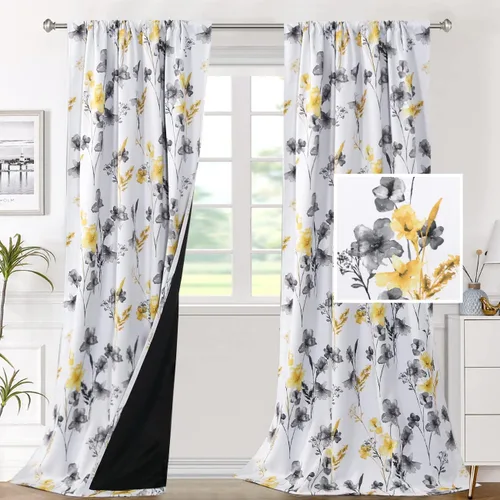 Miniatura 13 de H.VERSAILTEX Cenefas de cortina 100% opacas para ventanas de cocina, juego de 2 paneles de Cattleya con estampado floral Leah con aislamiento
