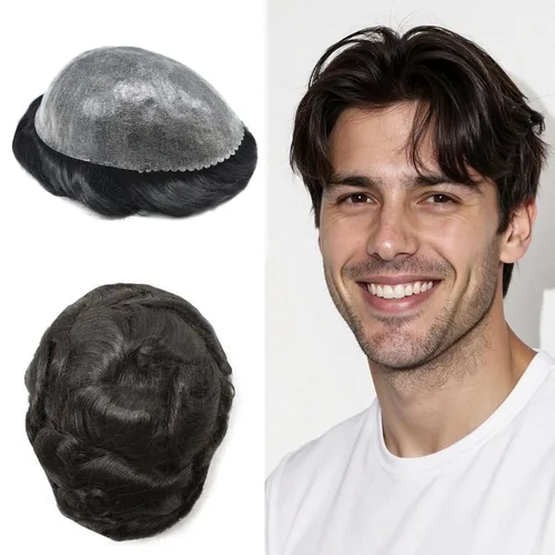 Toupee para hombres Sistema de reemplazo de cabello humano Full Poly Mens Toupee Hairpiece inyectado PU peluca para hombre sistemas de cabello 1B#